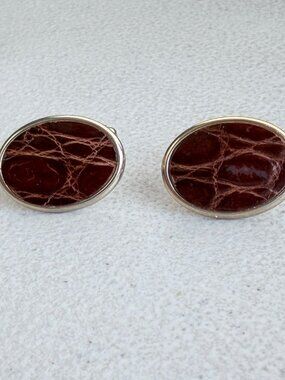 Vintage Brown Faux Croc Leather Cuff Links 1960s Gold Tone Metal Oval Cufflinks